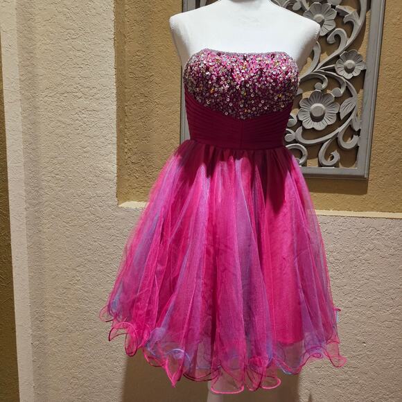 Mac Duggal 00 Strapless Sequin Tulle Party Dress Pink Formal Prom Cocktail Gown - Picture 3 of 10